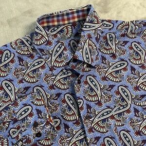 Alan Flusser Mens Large Blue Paisley Floral Button Up Shirt Cotton Long Sleeve